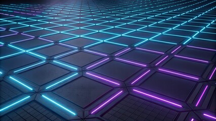 Obraz premium Futuristic neon grid floor with blue and purple glowing lines