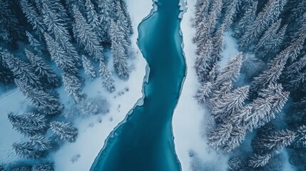 Fototapeta premium Aerial View of a Winding River Through a Snowy Forest
