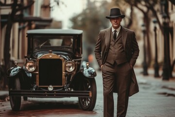 Black and white portrait of a chauffeur leaning on a vintage car, exuding confidence and style on a bustling city street