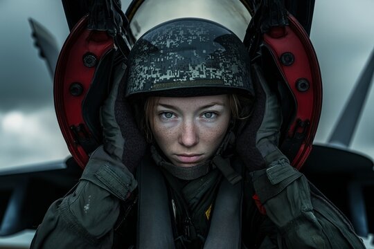 Portrait of a determined female military pilot preparing for a mission beside her fighter jet in dramatic lighting