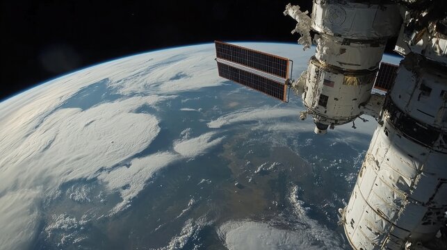 Stunning View of Earth from Space Station Featuring Satellite Arrays and Vast Blue Clouds Over Planet's Surface Captured in High-Resolution Image