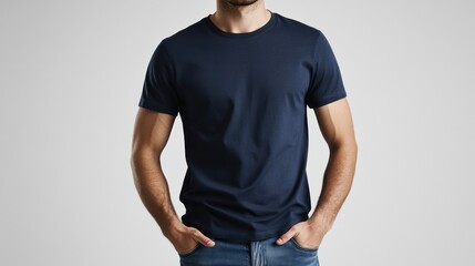Casual Young Man in Navy Blue T-Shirt Posing Confidently Against a Neutral Background for Fashion and Lifestyle Photography