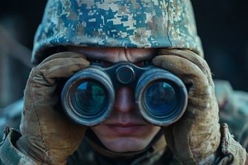 Soldier wearing camouflage uniform and gloves using binoculars on a reconnaissance mission in a war zone