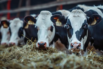 Group of cows at cowshed eating hay or fodder on dairy farm.