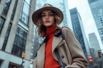 Obraz premium Fashionable woman wearing a hat and coat walking through a modern city