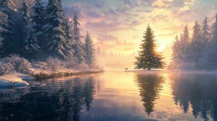 Fototapeta premium Enchanted Winter Pond with Giant Christmas Tree Reflection at Dawn | Magical Creatures in Tranquil Setting | Ultra-Detailed