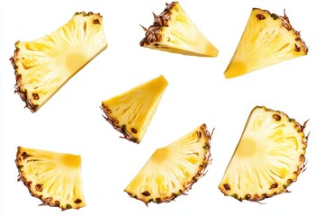 Naklejka premium Several slices of fresh pineapple with golden yellow flesh isolated on a white background