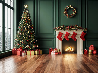Fototapeta premium Cozy Christmas living room with a decorated tree, glowing fireplace, and festive decorations