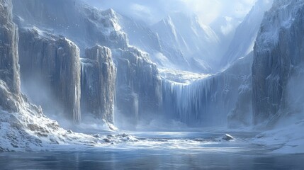Frozen Waterfall Between Snow-Covered Mountain Cliffs