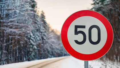 Round traffic sign 50 km/h maximum, speed limit for speeding vehicles. Winter snowy background.