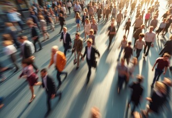 Obraz premium A bustling crowd of people moves energetically through a sunlit urban street, their hurried steps creating a vibrant blur of motion. The scene captures the essence of city life, with individuals