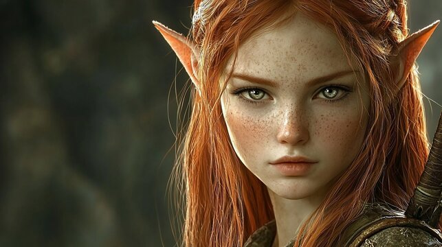 Close-up portrait of a young female elf with reddish-auburn hair, pointed ears, and freckles.