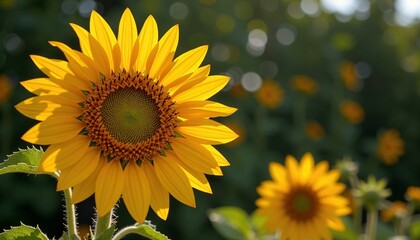 Naklejka premium Vibrant sunflower in sunlight with blurred green background 
