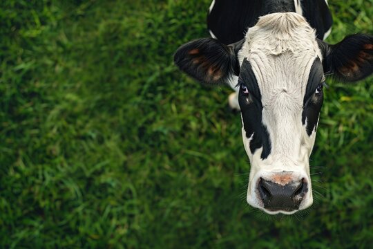 Panoramic view of black and white cow on green grass.