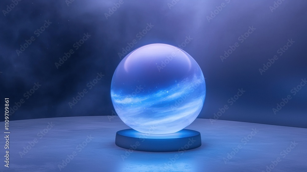 Aufkleber 3d rendering of a spherical object on a blue base. the object appears to be made of glass or a simil