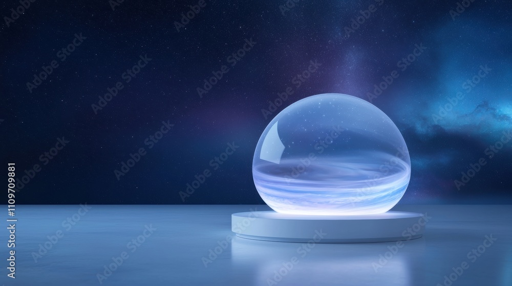 Poster 3d rendering of a spherical object on a white pedestal. the object appears to be made of glass or cr