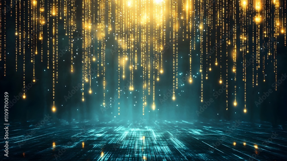 Fototapete futuristic digital matrix background with cascading golden code for tech related designs