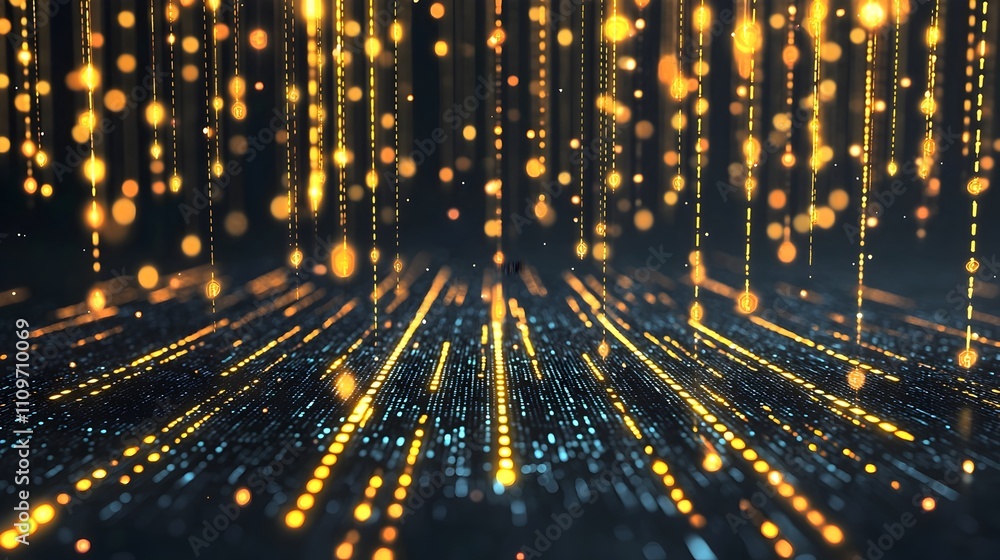 Poster cascading digital matrix with glowing gold code for futuristic tech designs