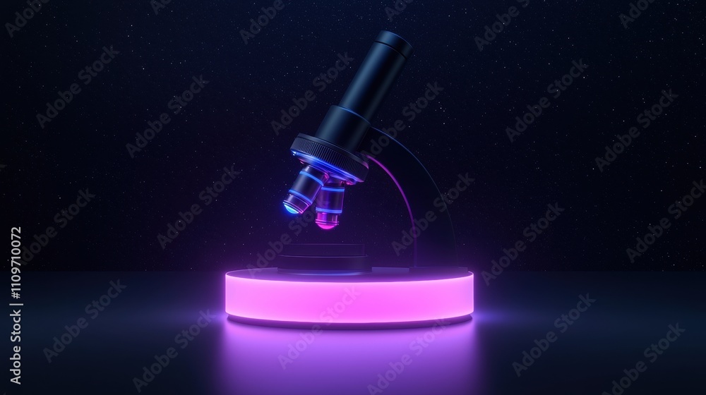 Fototapete microscope on a circular base with a purple light emanating from it. the microscope is positioned in