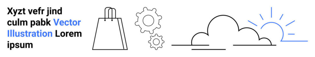 Shopping bag, two gear icons, curved cloud with partial sun rising. Ideal for e-commerce, retail, weather apps, technical services, environment products, mobile applications educational materials