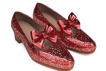 3D rendering of red sequined shoes with bows, isolated on white, sparkling with details. 32k, full ultra hd, high resolution