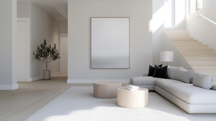 Modern living room with a minimalist design. the room has a large window on the right side, allowing natural light to enter the space.