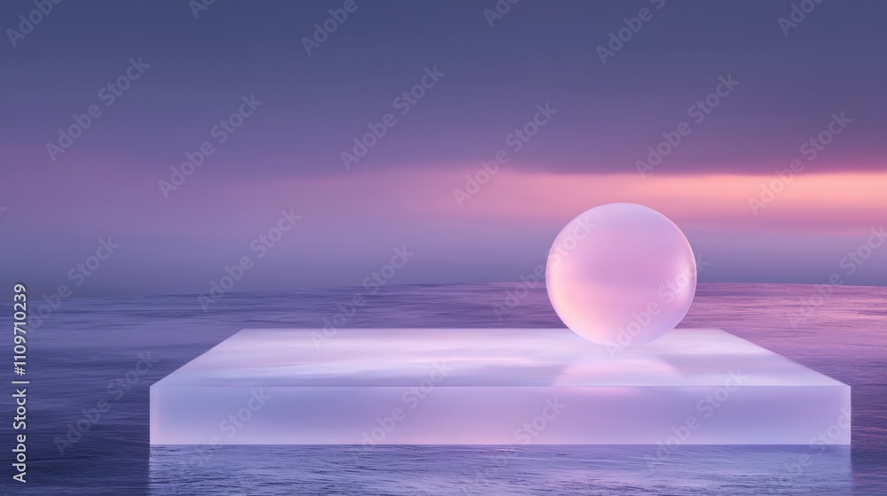 Poster large, spherical object floating on a white platform in the middle of the ocean. the platform is rec