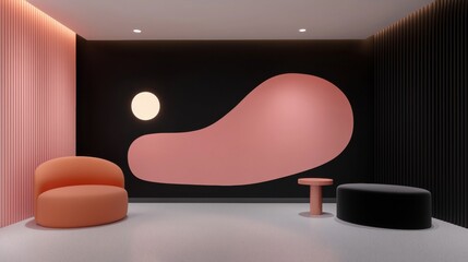 Modern and minimalist interior design of a room with a black wall and a large pink abstract painting on the wall.
