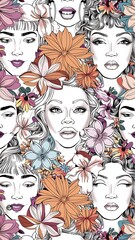Seamless pattern line drawing of women with different faces and floral flowers.