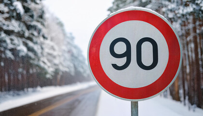 Round traffic sign 90 km/h maximum, speed limit for speeding vehicles. Winter snowy background.