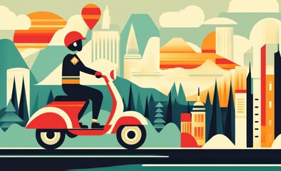 Naklejka premium Scenic flat illustration of a person riding a scooter by a tranquil lake with majestic mountains and a sunlit sky