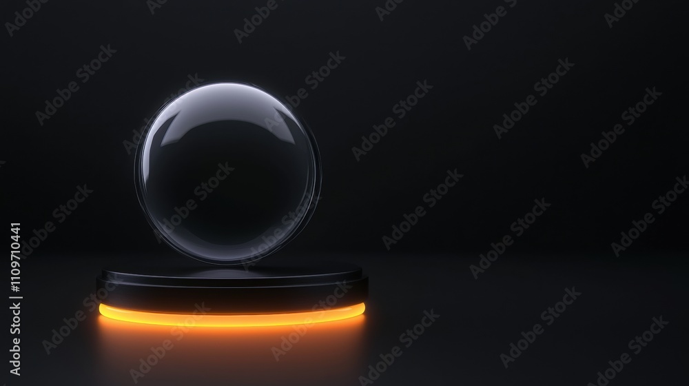 Poster 3d rendering of a spherical object on a black surface. the object appears to be made of glass or a s