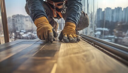 A worker is laying wooden flooring in the living room.