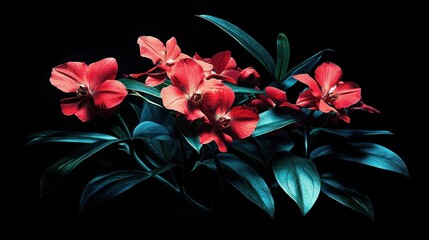 A cluster of vibrant red orchids with lush green leaves against a dark background.