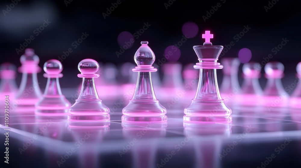 Poster group of chess pieces on a chessboard. the pieces are made of transparent glass and are arranged in 