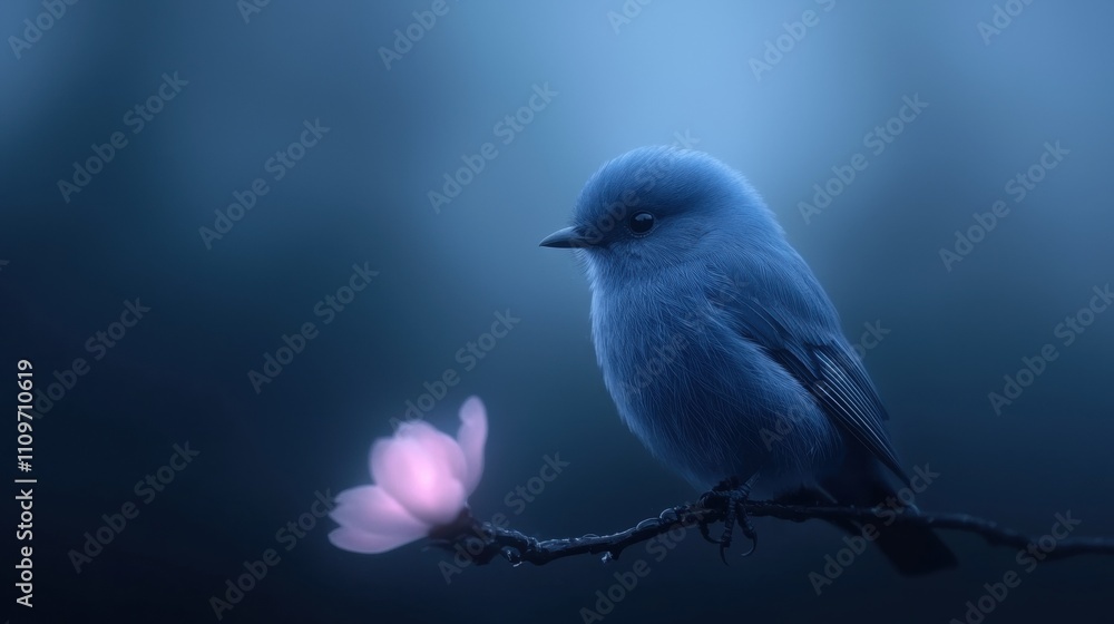 Poster close-up of a small bird perched on a thin branch. the bird is facing towards the right side of the 