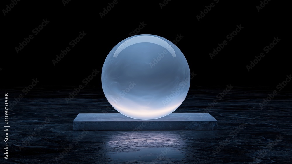 Poster 3d rendering of a large, spherical object on a rectangular platform. the object appears to be made o