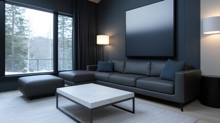 Modern living room with a large window on the left side. the window has black curtains and offers a view of the trees and mountains outside.