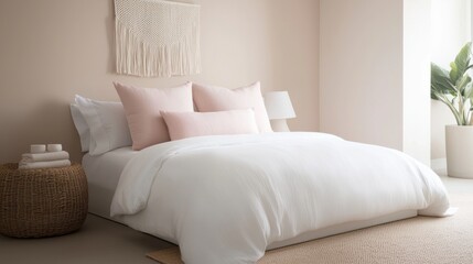 Modern and minimalistic bedroom with a large window on the right side. the bed is covered with a white comforter and several pink pillows.