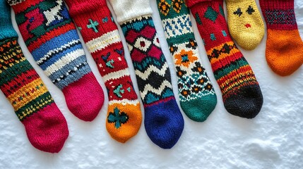 Close-up of vibrant winter socks with Nordic designs on a white surface, top view, perfect for holiday and New Year imagery in HD