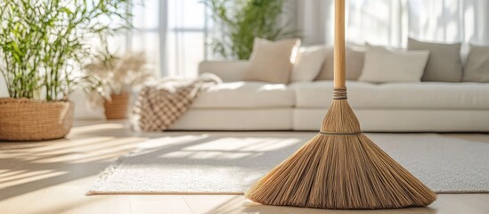 A wooden broom rests on a white rug in a modern living room.