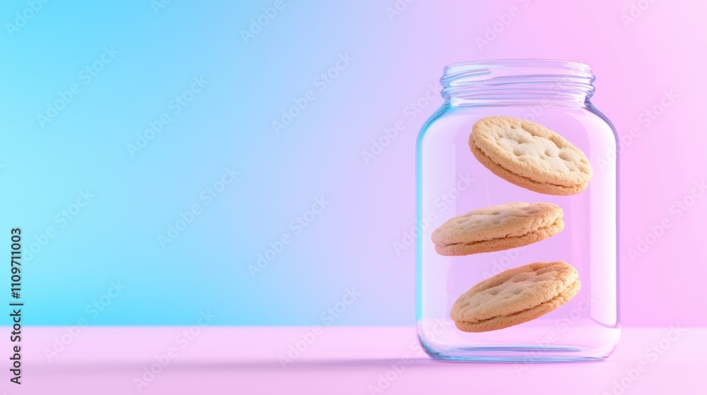 Poster glass jar with a lid on a pink and blue background. inside the jar, there are three cookies that are