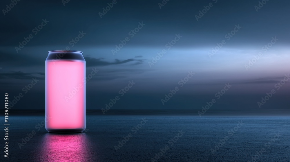 Poster tall, cylindrical object with a pink glow on its surface. it appears to be a can or a soda can, with