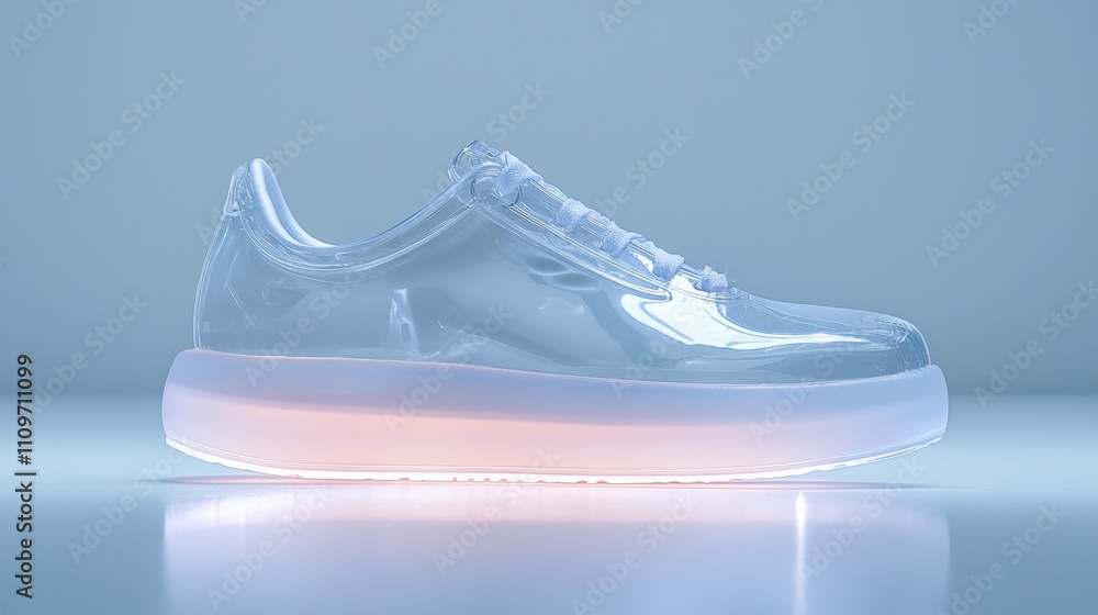 Poster 3d rendering of a transparent sneaker. the sneaker has a round toe and a low-top design. the upper p