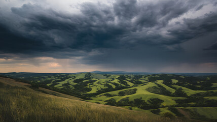 Obraz premium Rolling green hills under a dramatic stormy sky.