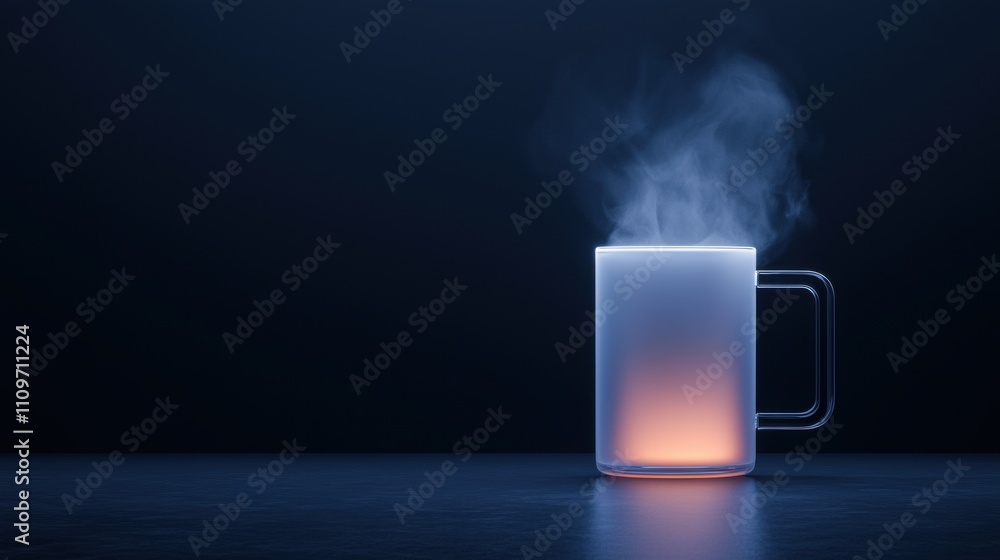 Poster 3d rendering of a glass mug with a handle on a dark background. the mug is lit up with a gradient of