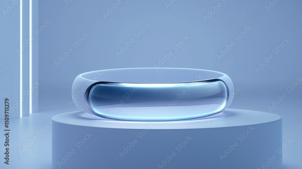Poster futuristic-looking object on a white pedestal. the object appears to be a circular shape with a smoo