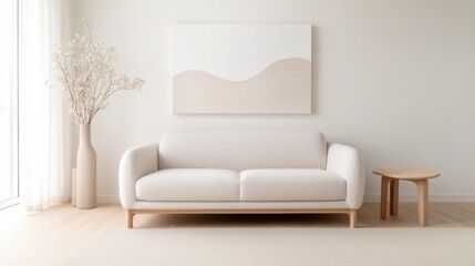 Modern living room with a white sofa in the center. the sofa is upholstered in a light beige fabric and has a wooden frame.