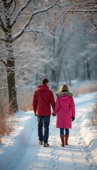 Naklejka premium A couple strolls hand in hand down a snow-covered path, surrounded by frosted trees that glisten in the soft winter light. Their vibrant winter attire—a red jacket and a pink coat—contrasts