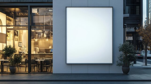 A blank white poster outside a busy restaurant serves as an effective marketing tool, enhancing visibility and attracting potential customers with its appealing and adaptable design